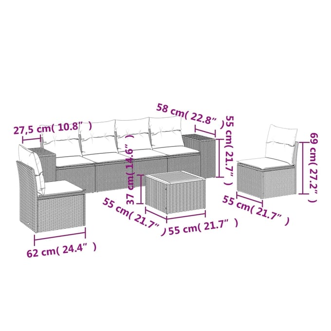 vidaXL - 7-delige - Loungeset - met - kussens - poly - rattan - beige
