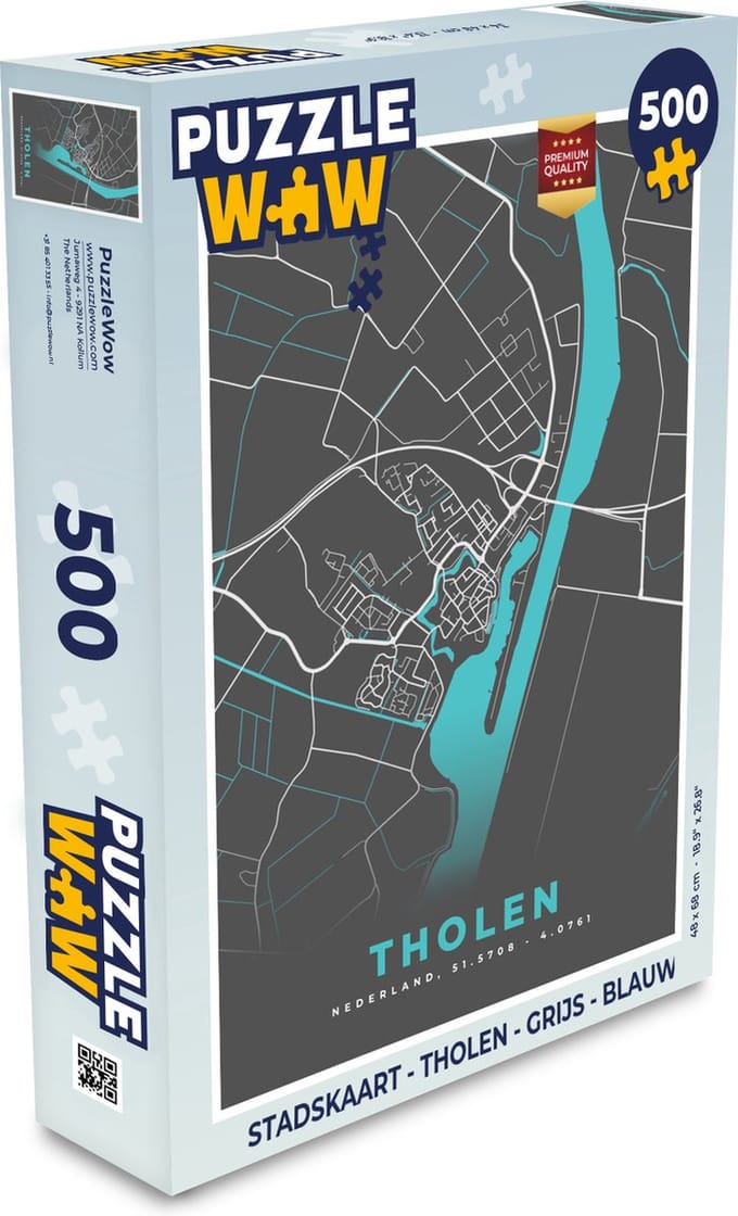 Puzzel Stadskaart - Tholen - Grijs - Blauw - Legpuzzel - Puzzel 500 stukjes - Plattegrond