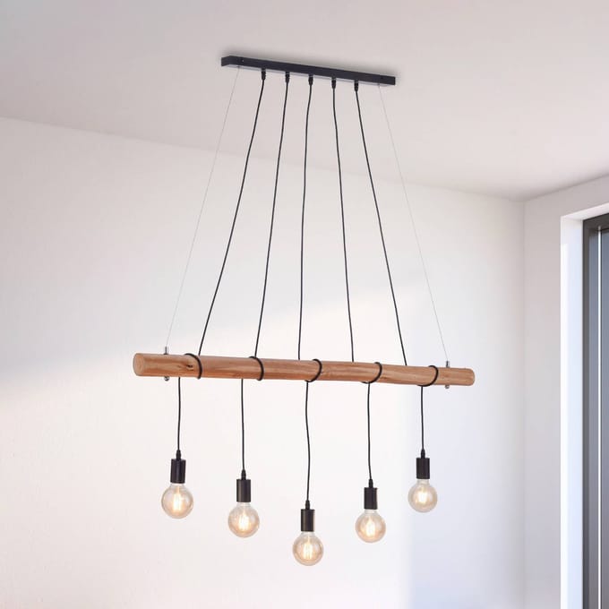 JUST LIGHT. GmbH Damian hanglamp met houten balk en 5 fitting