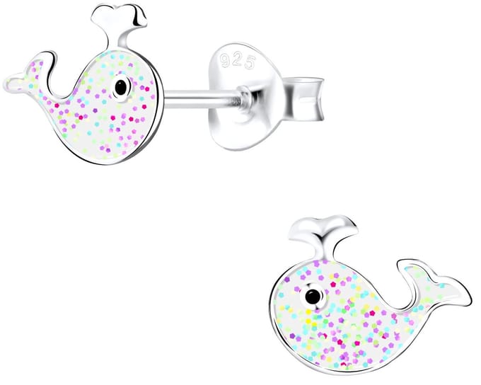 Joy|S - Zilveren walvis oorbellen - glitter witte vis oorknoppen - 11 x 8 mm