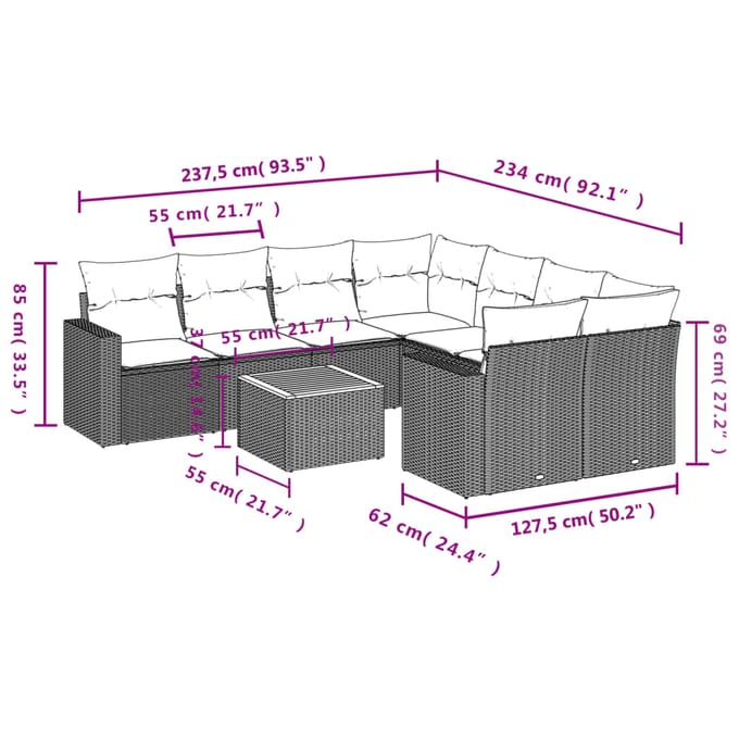 vidaXL - 9-delige - Loungeset - met - kussens - poly - rattan - beige