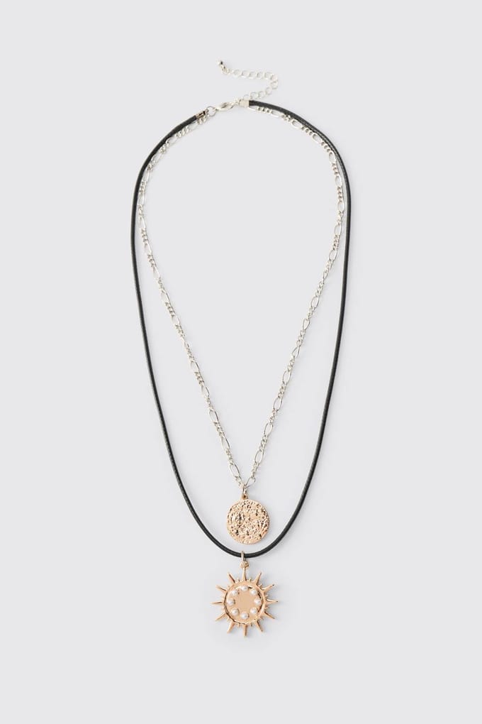 Double-Layered Necklace with Sunburst and Medallion | Gold