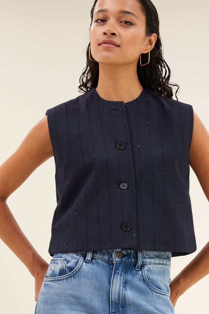 By-Bar Nori Sparkle Gilet Navy Lurex Stripe Size: L | Vests Outlet | Dames | Blauw