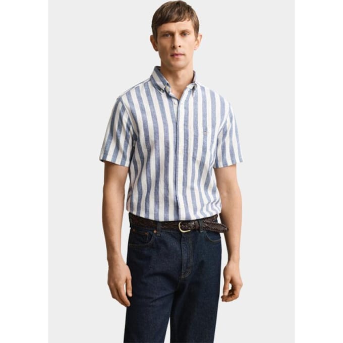 Gant overhemd strepen blauw korte mouw