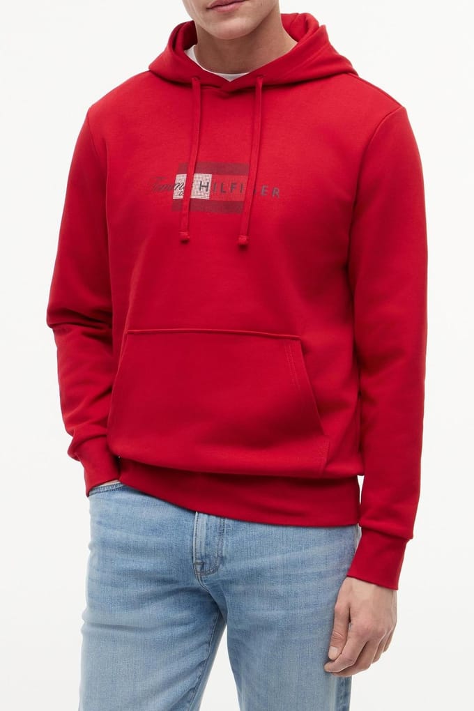 Tommy Hilfiger Script Flag Hoodie Medium Red Größe: S | Kaputzenpullis Outlet | Herren | Rot