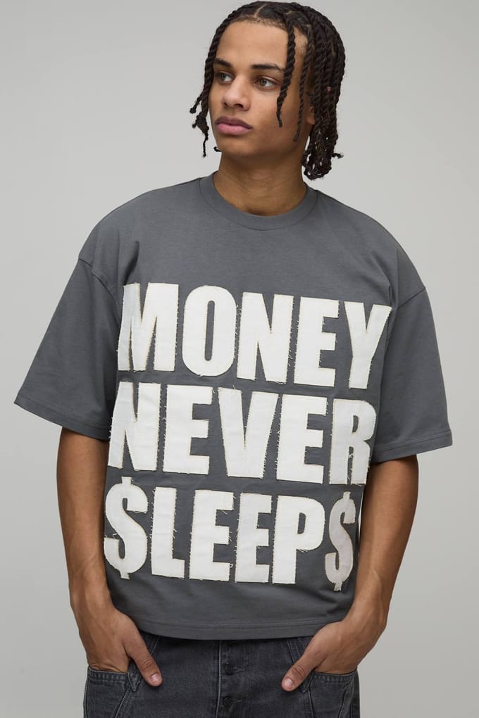 Oversized Boxy Money Slogan Distressed Applique T-Shirt | Charcoal | Size Small