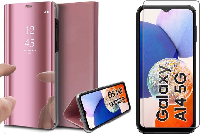 Hoesje geschikt voor Samsung Galaxy A14 - Screen Protector GlassGuard - Book Case Spiegel Roségoud & Screenprotector