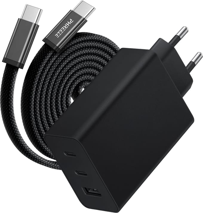 USB Adapter 65W + USB-C naar USB-C Kabel 3 Poorten 240W 1M Nylon Set Zwart