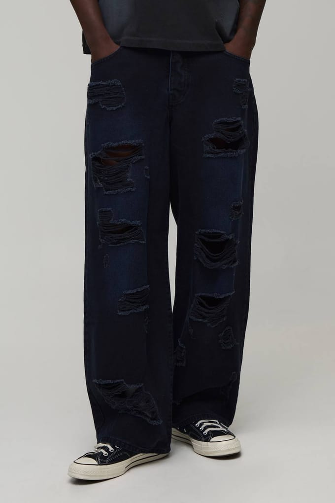 Verstelbare Taille Getinte Extreem Gescheurde Super Baggy Jeans | Washed Black | Size 32R