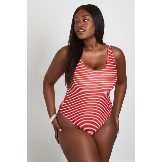 boohoo Dames Plus Gestreept Badpak Met Ronde Hals | Rood | Maat: 52