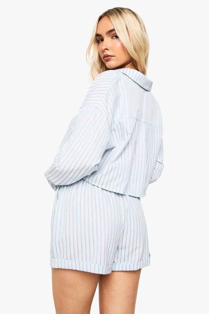boohoo Dames Gestreepte Seersucker gekort shirt | Blue | Maat: 10