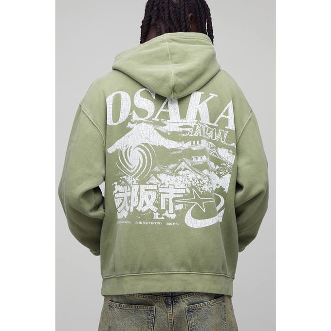 Oversized gewassen groene Osaka bedrukte hoodie | Green | Size Medium