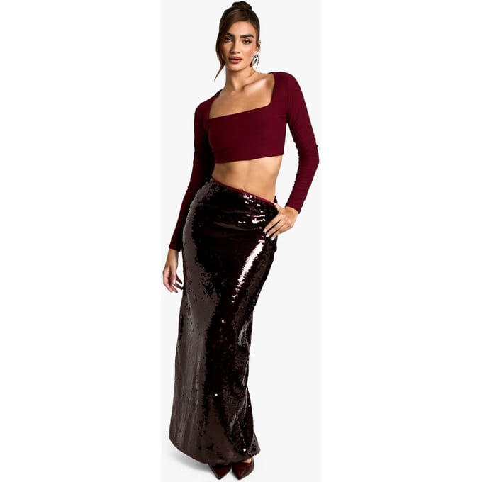 boohoo Dames Premium Paillette Maxi Rok | Berry | Maat: 10