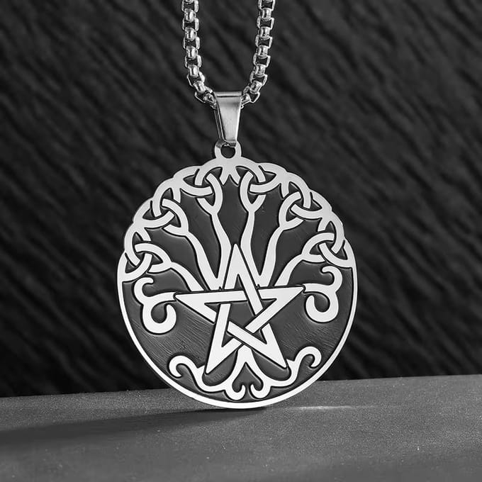 Heks Drie-eenheid Levensboom Vijfpuntige Ster Hanger Dames Heren RVS Ster Ketting black