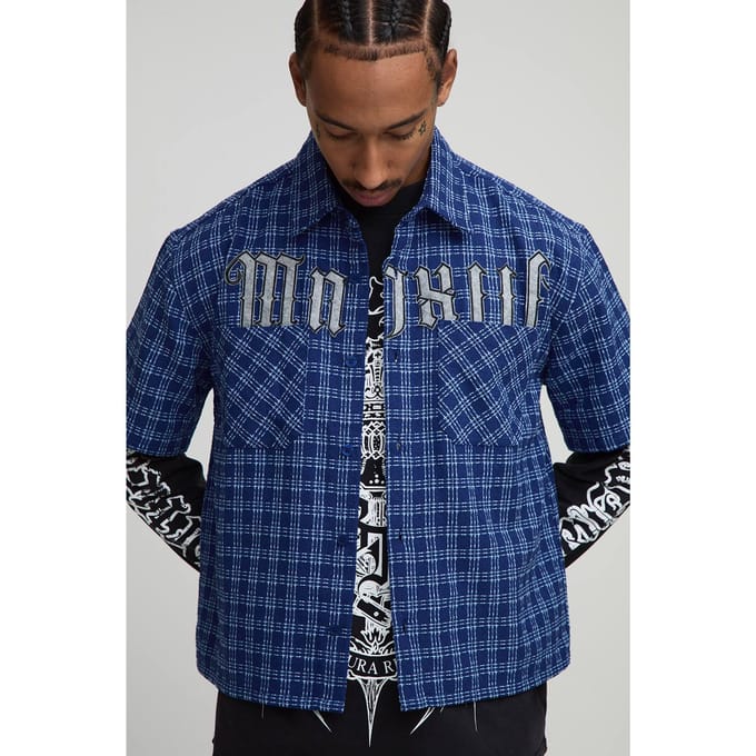 Oversized Microcheck MMXIII Applique Double Pocket Shirt | Blue | Size Small