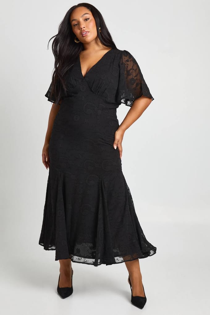 boohoo Dames Plus Burnout Engelmouw Midaxi Jurk | Zwart | Maat: 52