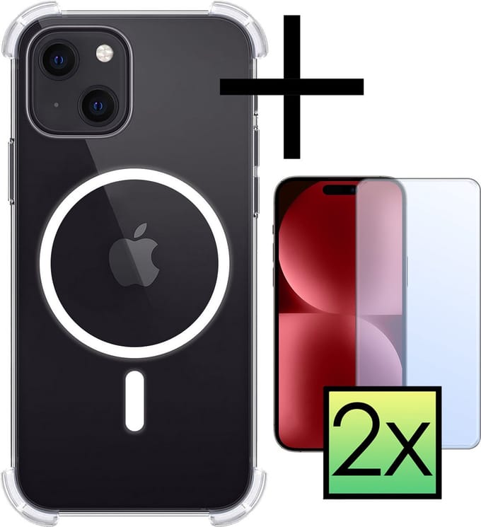 Hoesje - Met 2x Screenprotector - Geschikt voor Apple iPhone 15 Plus - Magsafe Compatible - Sterk & Shockproof - Back Cover - Shock Proof Case - Telefoon Hoes - Transparant
