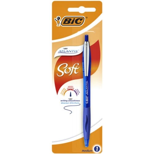 Balpen bic atlantis soft metalen clip clic medium Blauw bister