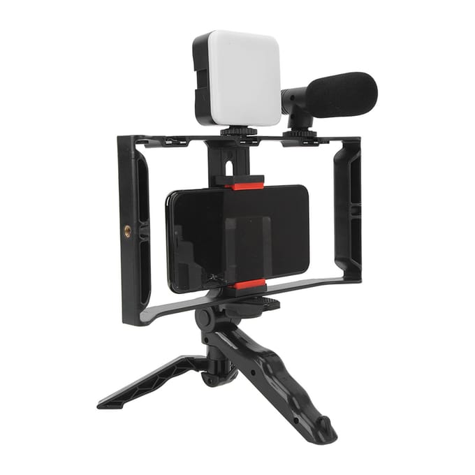 Telefoon Livestreaming Kit met Invullicht Microfoon Geluidskabel Telefoonkooi Handheld Statief Telefoon white