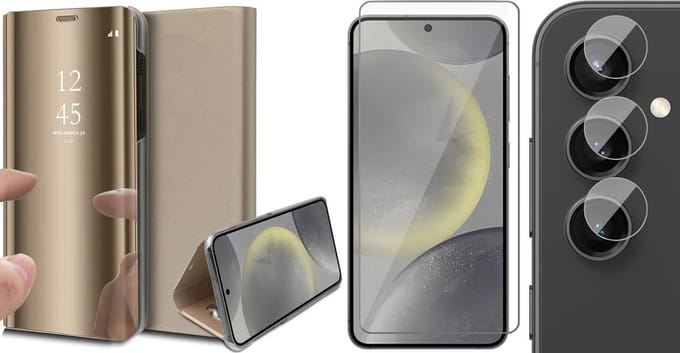 Hoesje geschikt voor Samsung Galaxy S24 Plus - Screenprotector Glas & Camera - Spiegel Book Case Goud