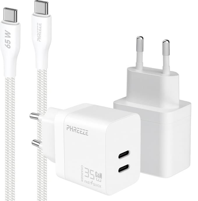 Phreeze usb C oplader 35w met usb C naar usb C kabel 1 meter - GaN charger met 2 usb C poorten - Power Delivery snellader