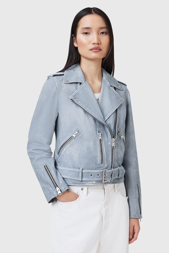 AllSaints Balfern Biker Pale Denim Blue Maat: 6 | Leren Jassen Outlet | Dames | Blauw