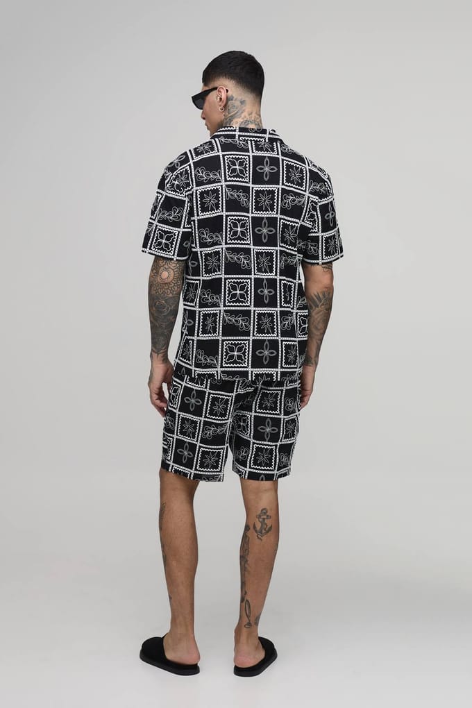 Tall Embroidered Tile Oversized Shirt & Relaxed Short Set | Black | Size Medium