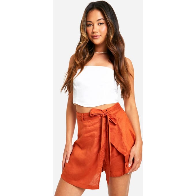 boohoo Dames Linnen-look skort met ceintuur | Roest | Maat: 34