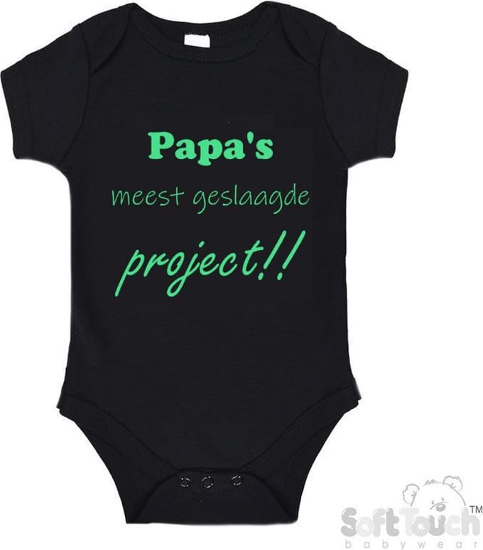 Soft Touch Romper "Papa's meest geslaagde project" Unisex Katoen Zwart/mint Maat 56/62