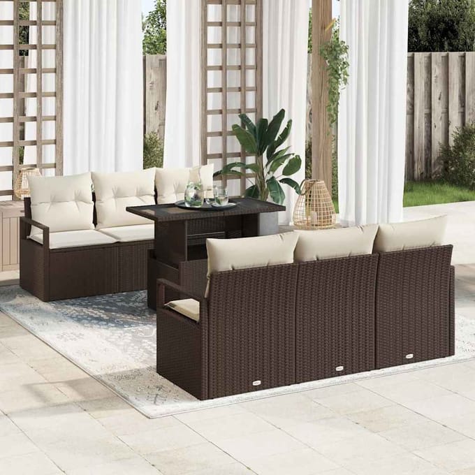 vidaXL Tuinbank Set met kussen met opslag 7 pcs Bruin Poly rattan