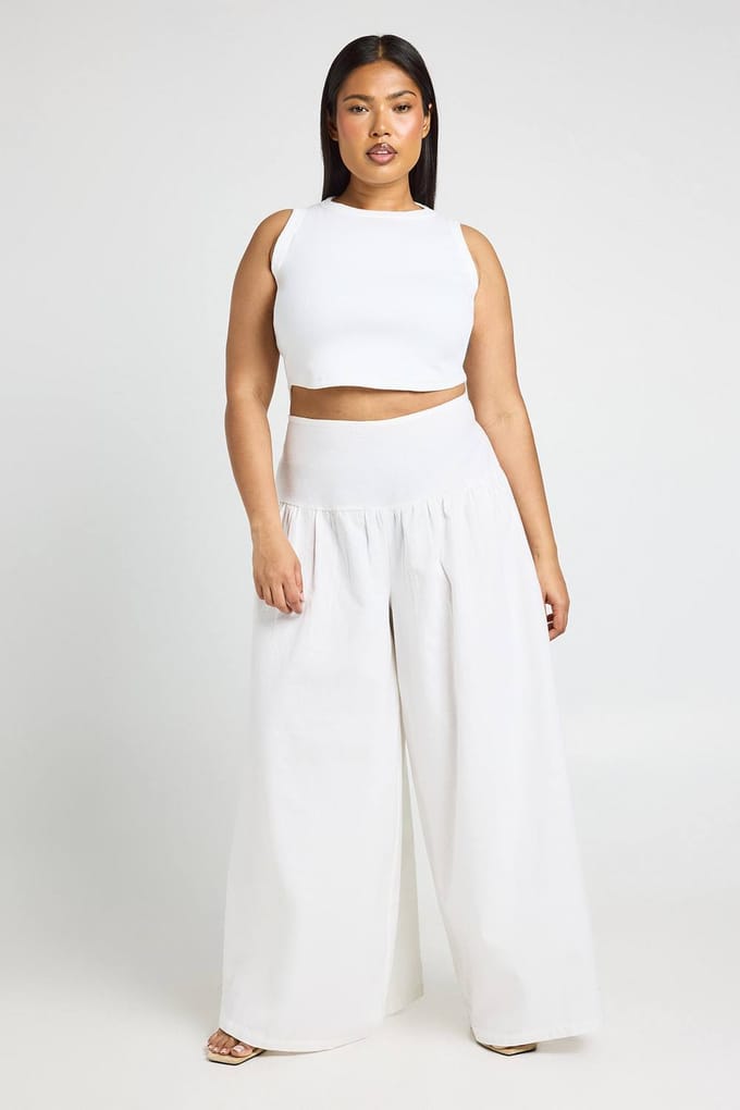 boohoo Dames Plus Linnen Look Extreem Wijde Pijpen Broek | Natural | Maat: 56