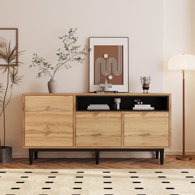 KOMHTOM Dressoir houten dressoir met drie deuren en planken 160 x 35 x 76 cm