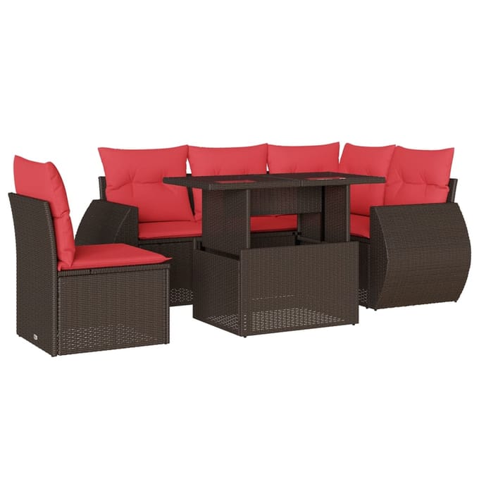 vidaXL - 6-delige - tuinbankset - met - kussens, - bruin - polyrotan