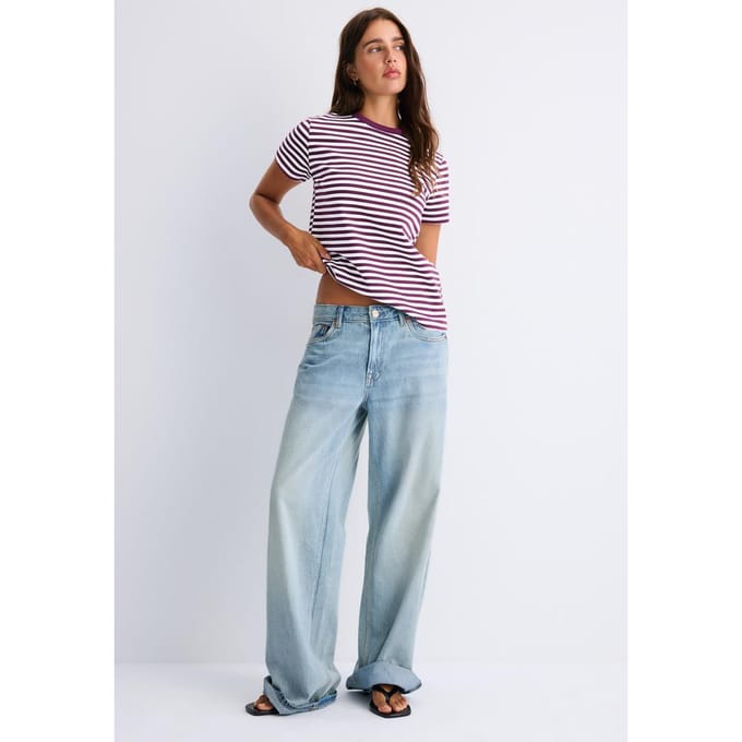 Stradivarius B02 Gestreept basic T-shirt regular fit zachte touch  Donkerpurper XS