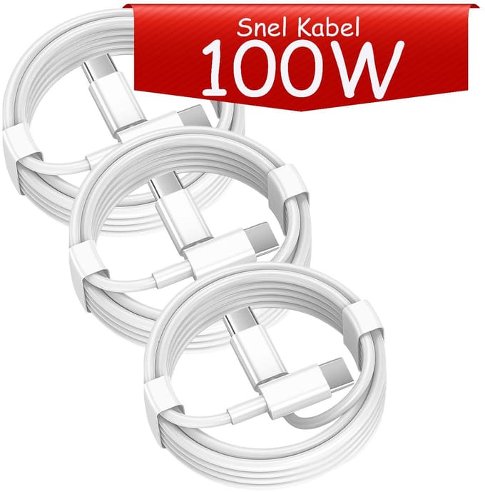 USB C naar USB C kabel - 100W Snellader - - 1 Meter Oplaadkabel 3x - USB-C Oplader Snel Kabel - Wit