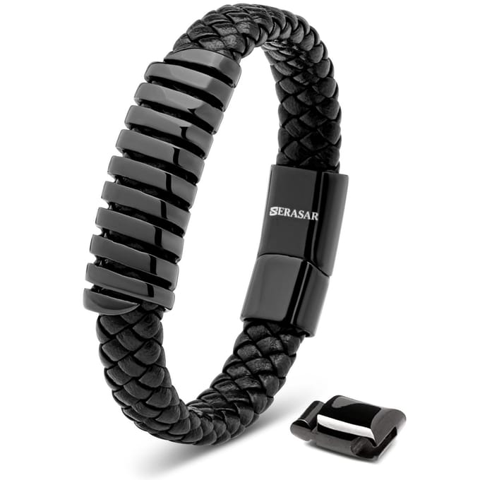 SERASAR Lederen Herenpolsbandje [Helix] - Zwart 17cm - Geweldig-Idee