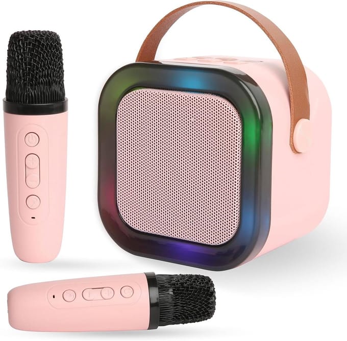 Karaoke Luidspreker - Partyluidspreker Bluetooth - Zingen en Feesten - Inclusief 2 Microfoons - 15x15x10 cm - Roze
