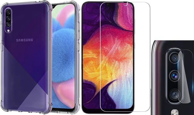 Hoesje geschikt voor Samsung Galaxy A50 - Screenprotector Glas & Camera Screen Protector - Transparant Shock Case