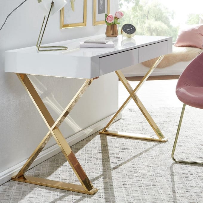Wohnling Hoogglans bureau met goudkleurige poten 118cm