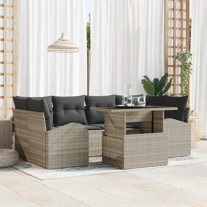 vidaXL - Tuinbank - Set - 7 - st - Lichtgrijs - [Synthetisch]: - Poly - Riet