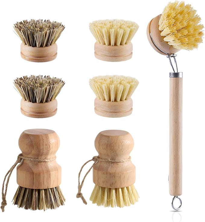 7-delige houten afwasborstel set met verwisselbare koppen