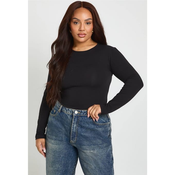boohoo Dames Plus Lange Mouwen Ronde Hals Bodysuit | Black | Maat: 28