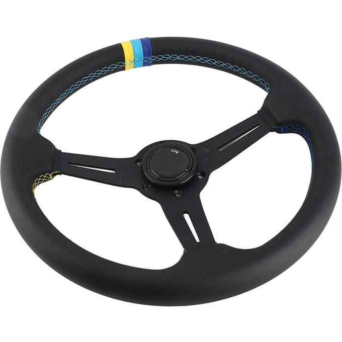 Volant de course noir en cuir 350mm 14 pouces 6 Trous Demi-plat avec Klaxon black