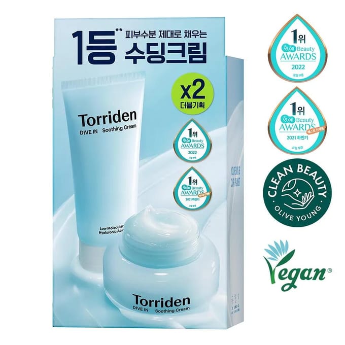 Torriden Dive-In Crème Apaisante à l'Acide Hyaluronique Set 100ml x2 Hydratant Hydratation Profonde white