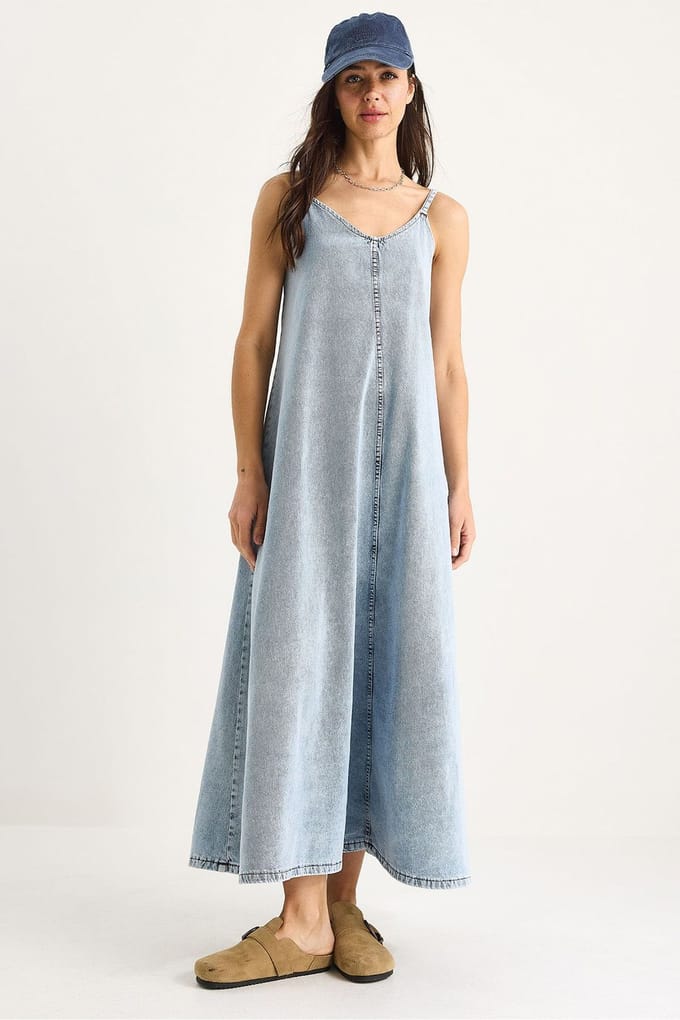 Maxi V-hals Denim Jurk met Knopen Sluiting