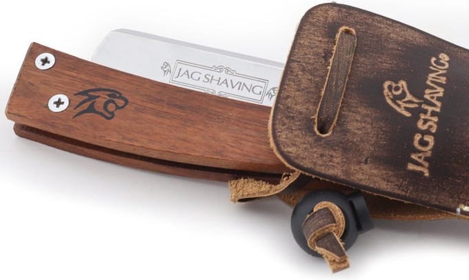 Jag Shaving Open Scheermes Met Hout Handvat - In Leer Zakje