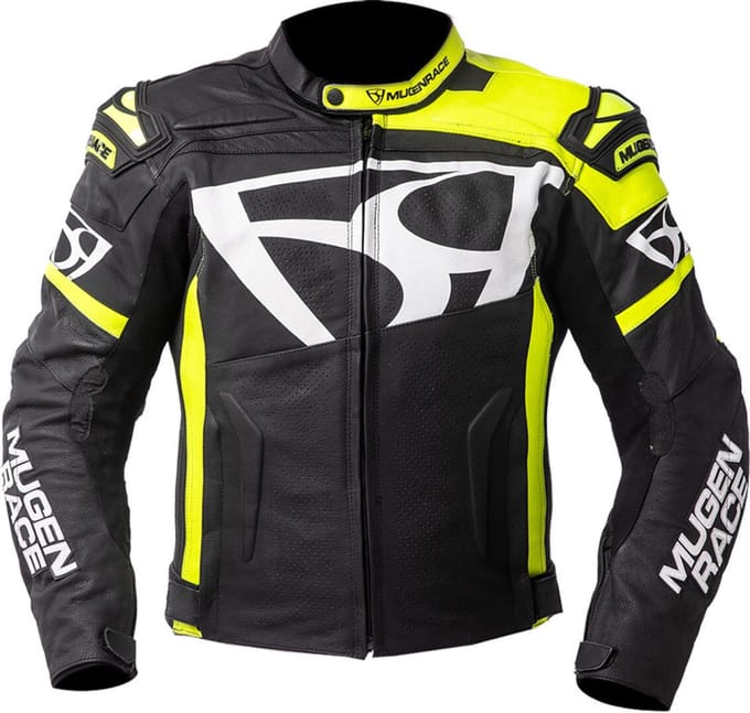 MUGENRACE Aggressore Zwart Wit Fluo Gele Leren Jas - Jas
