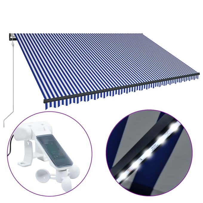 vidaXL - Luifel - met - windsensor - en - LED - 500x300 - cm - blauw - en - wit