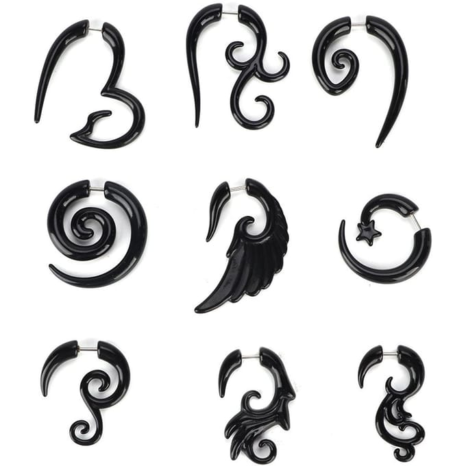 Ensemble de 9 boucles d'oreilles en acrylique style punk black