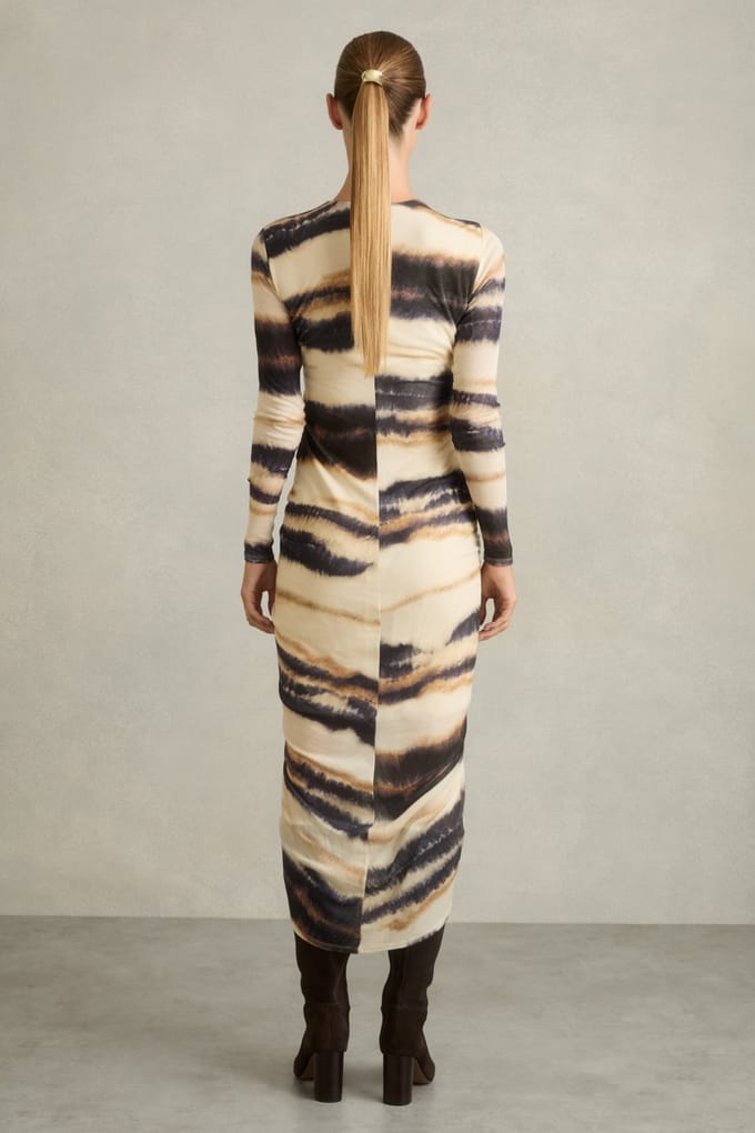 Reiss Printed Ruched Jersey Dress Neutral/navy Maat: 4 | Midi Jurken Outlet | Dames | Blauw
